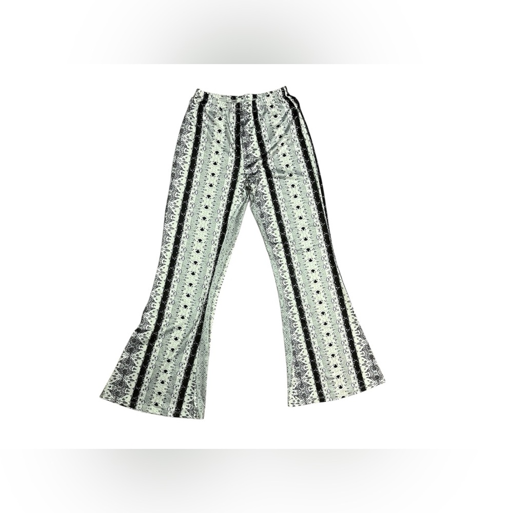 Boho Geo Floral Wide Leg Flare Pants Black & White Stretch Small EUC